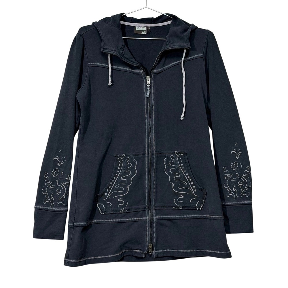 Athleta Hoodie Women M Black Embroidered Boho Fairy Grunge Y2K Full Zip